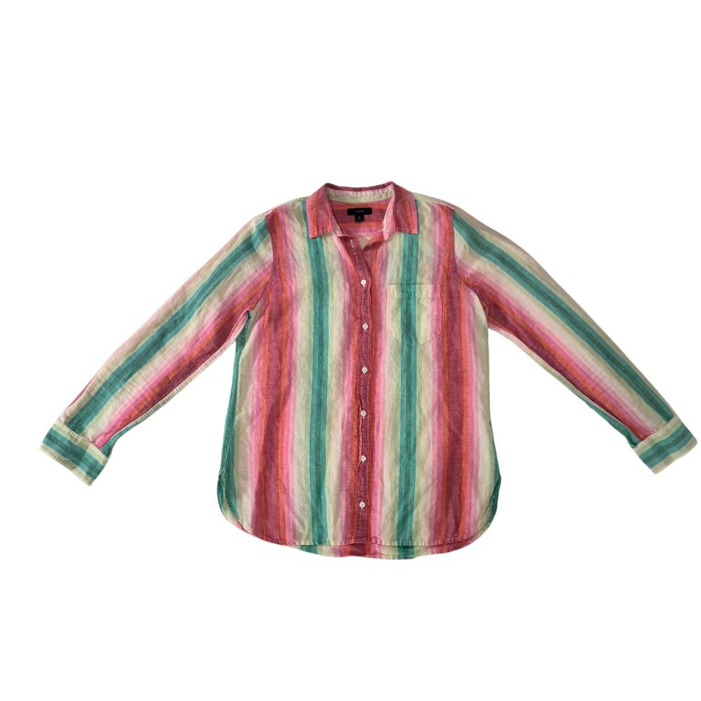 J.Crew Striped Linen Shirt Women's 6 Coastal Grandmother Retro 70s Vacation Boho - Picture 2 of 16